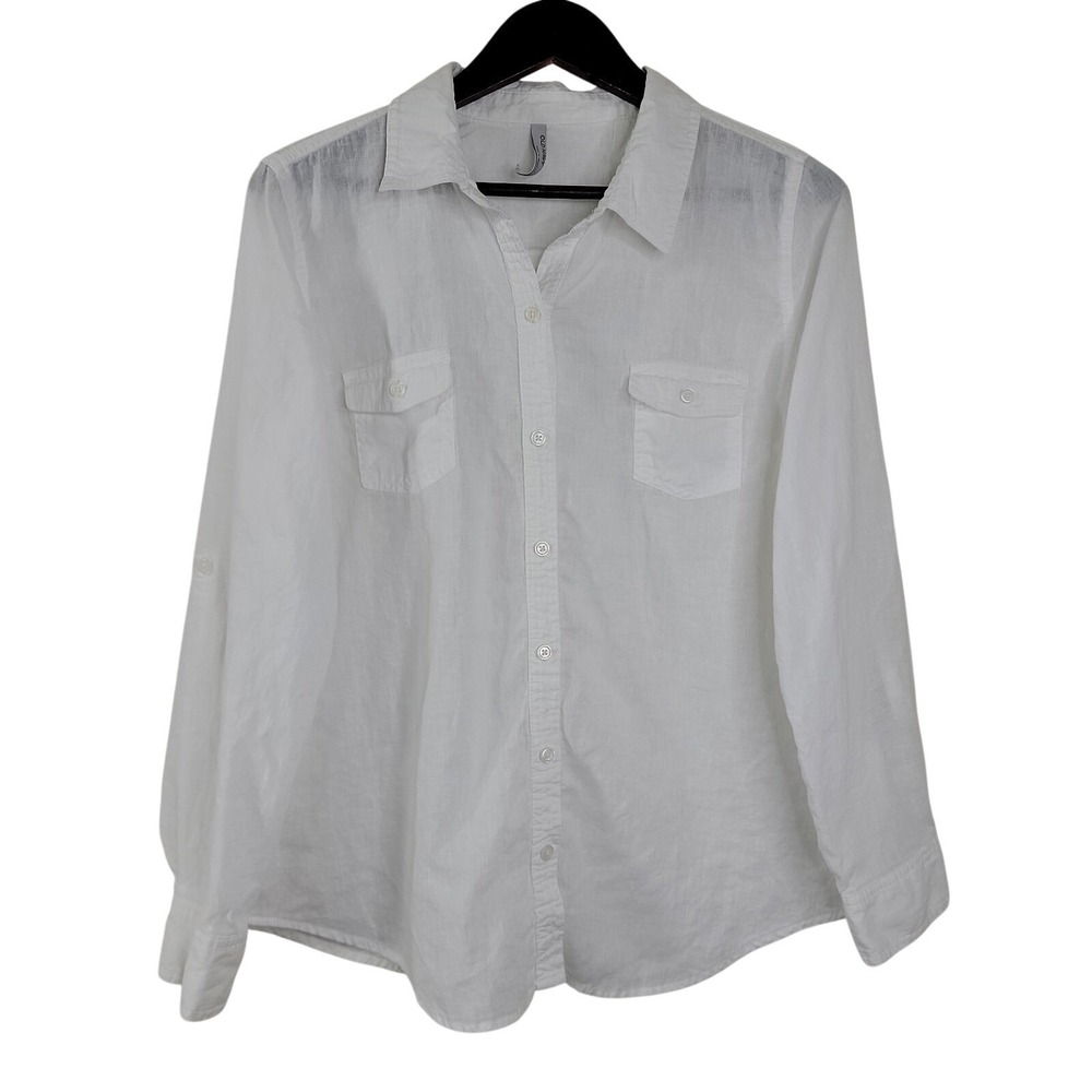 Old Navy Women's Linen Blend Button Shirt L White Roll Tab Lightweight Classic